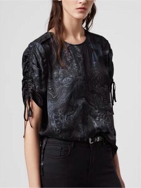 All Saints Black Marble Print Satin Short Sleeve Top with Ruched Tie Sleeves